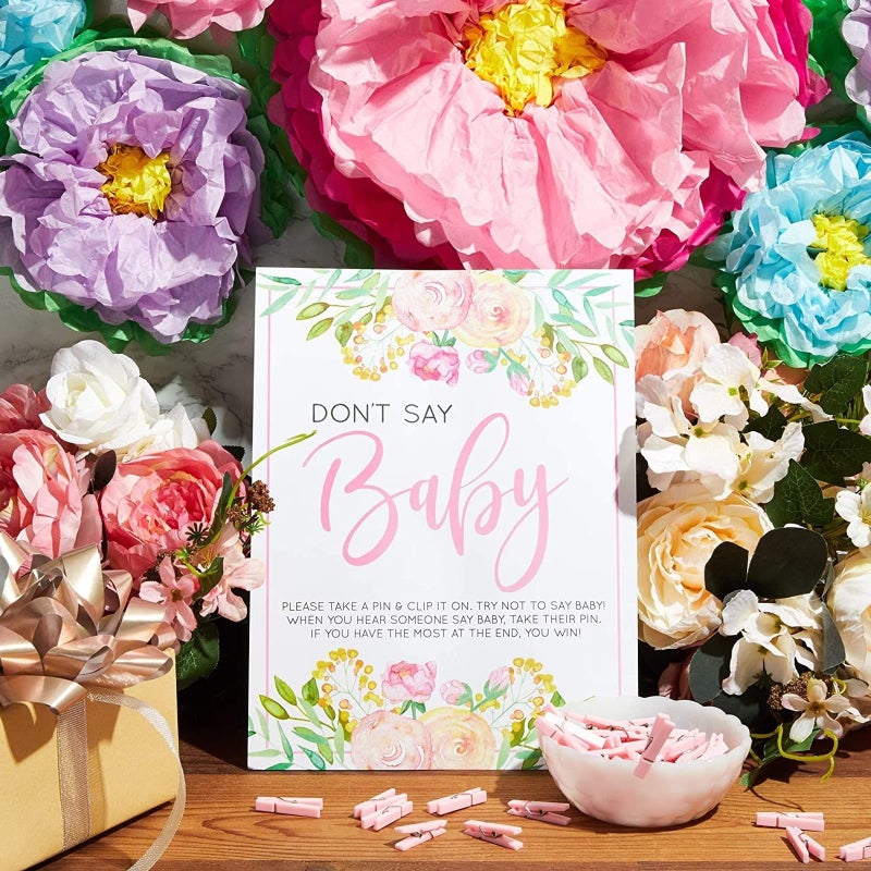 Sparkle and Bash Don't Say Baby Shower Game Sign - 8 x 10 in, 60 Pink Clothespins & Floral Design for Baby Shower Games for Girl - Image 2